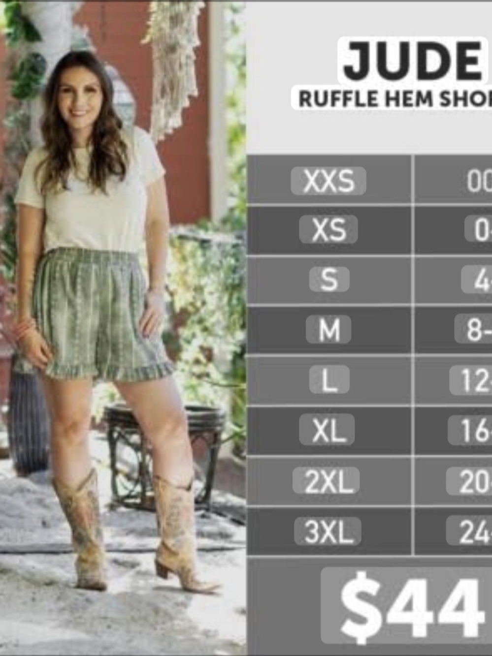 LuLaRoe XL Jude Ruffle Hem Shorts Boho Green Print, EUC
